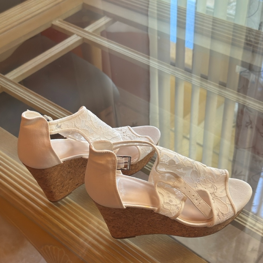 Fergalicious White Lace Wedge Sandals